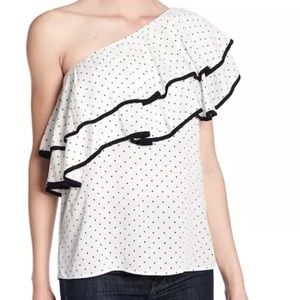 Ro & De White Polkadot One Shoulder Ruffle Blouse